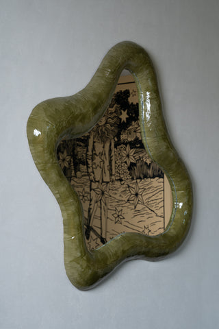 Sierra II - Sculptural Wall Mirror in Green Cement and Stone