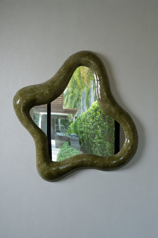 Sierra II - Sculptural Wall Mirror in Green Cement and Stone